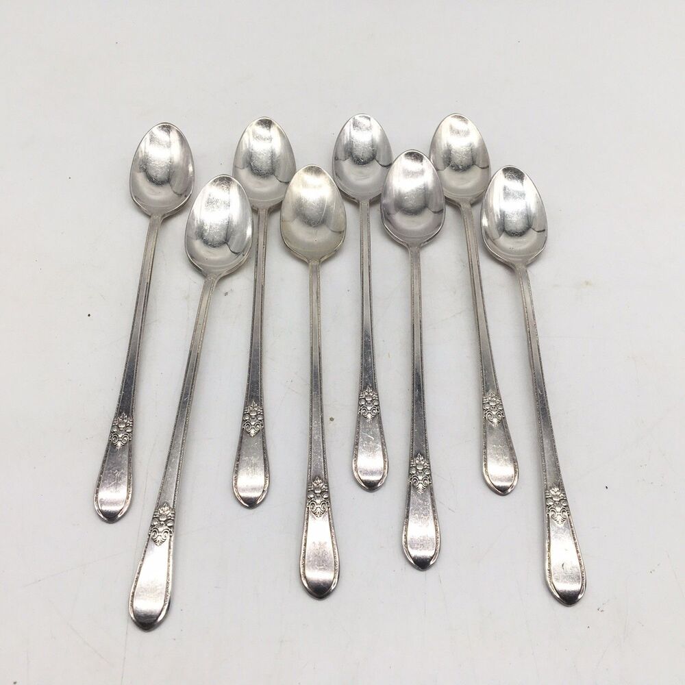 1847 Rogers Bros. Silver Plate Adoration Iced Tea Spoons 7 1/2” Set 8 Monogram